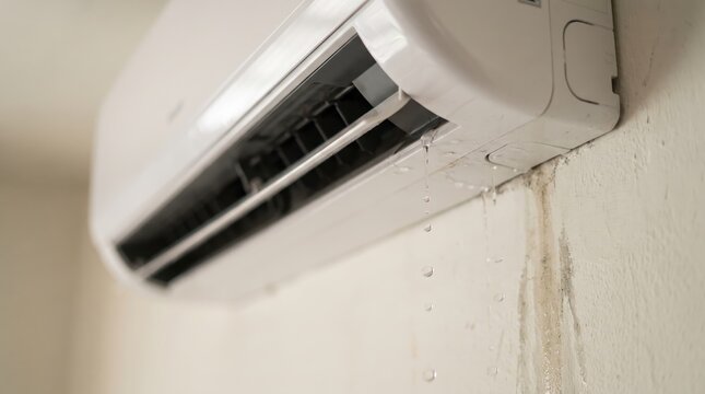 Close up of water droplets leaking from a broken wall mounted air conditioner at home.