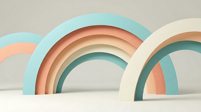 Abstract rainbow arches in pastel colors for abcde representing harmony and balance in a modern minimalist design composition on a neutral background