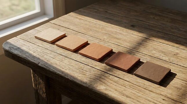 A collection of five square terracotta clay tiles in a gradient of earthy tones displayed on a rustic wooden table under warm sunlight for abcde theme.