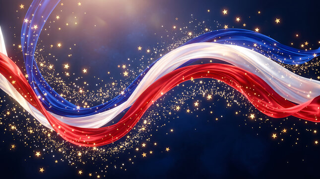 Abstract Patriotic Wavy Red White and Blue Ribbons with Golden Sparkling Stars Background