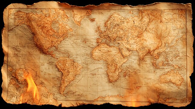 Antique flat world map burning at the corner