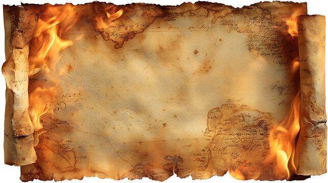 Antique map scroll burning at the edges