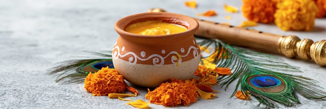 Traditional indian pot of butter with peacock feather and flute for janmashtami festival, janmashthami festival banner realistic banner