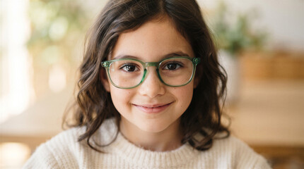 Naklejka premium Closeup portrait of a young girl with brown wavy hair wearing green glasses and a white sweater, smiling at the camera