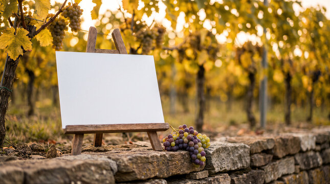 Empty wooden easel with blank canvas standing on a stone wall in a vineyard during autumn harvest with a bunch of grapes in the foreground