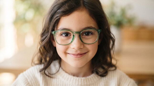 Closeup portrait of a young girl with brown wavy hair wearing green glasses and a white sweater, smiling at the camera