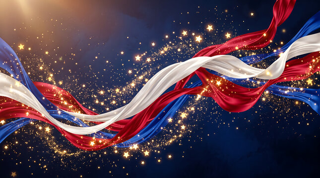 Abstract Patriotic Wavy Red White and Blue Ribbons with Golden Sparkling Stars Background