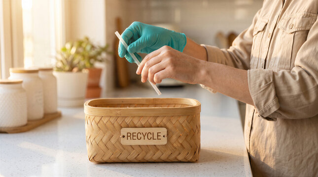 Person wearing gloves putting a plastic straw into a woven basket labeled recycle in a bright kitchen setting