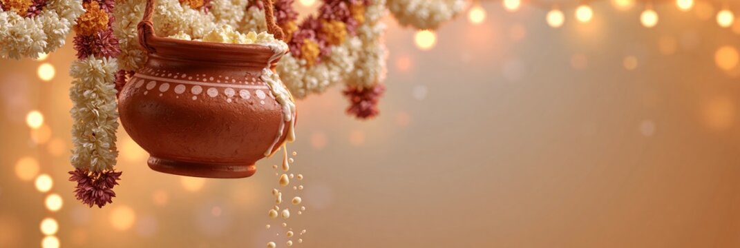 Dahi handi pot with spilled butter, decorated with marigold flowers for janmashtami festival celebration, janmashthami festival banner realistic banner
