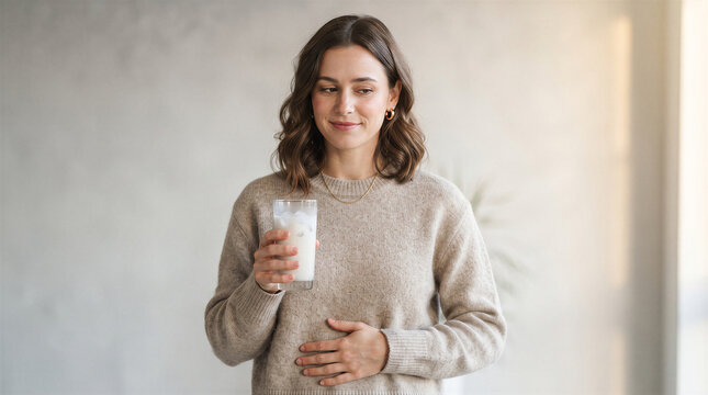 Young woman holding a glass of milk and touching her stomach, experiencing digestive discomfort or lactose intolerance symptoms