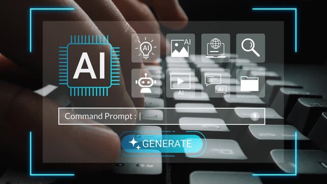 Hands Typing on Keyboard with AI Icons and Command Prompt Interface, Digital Concept of Technology and Artificial Intelligence Innovation Gluon.
