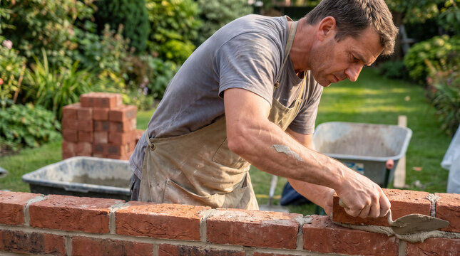 Professional bricklayer building a brick wall in a garden setting, carefully applying mortar with a trowel to lay a new brick