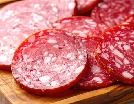 Close-up of thinly sliced cured meat with marbled fat on a wooden board