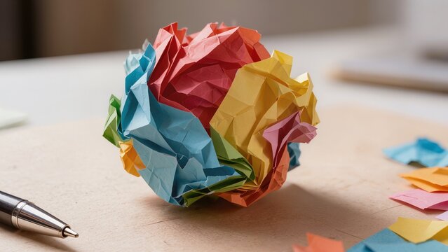 Colorful crumpled paper ball on wooden desk surrounded by scattered sticky notes and a silver pen, representing creativity and brainstorming in an office setting