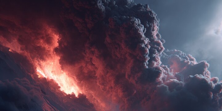 Dramatic cloud formation with fiery red and dark hues suggestive of intense natural phenomena