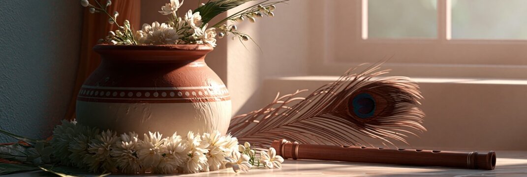 Traditional indian clay pot with peacock feather and flute for janmashtami festival celebration, janmashthami festival banner realistic banner