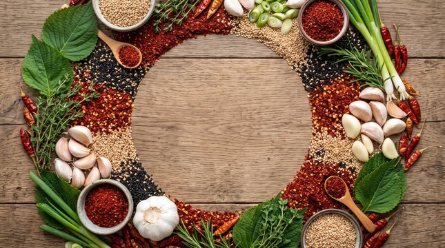 Aromatic Asian Spices and Herbs Circle on Wood Background
