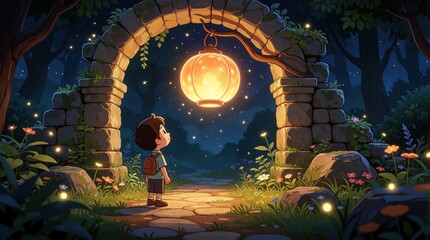 Fototapeta premium Boy with backpack stands under stone archway at night looking at glowing lantern. Fireflies dance around plants and flowers in enchanted forest path.