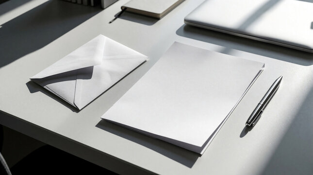 White paper sheet with envelope, metal pen on clean desk. Top view shows blank stationery set for business branding project. Minimalism workspace includes laptop, notebook in soft natural light. Pro