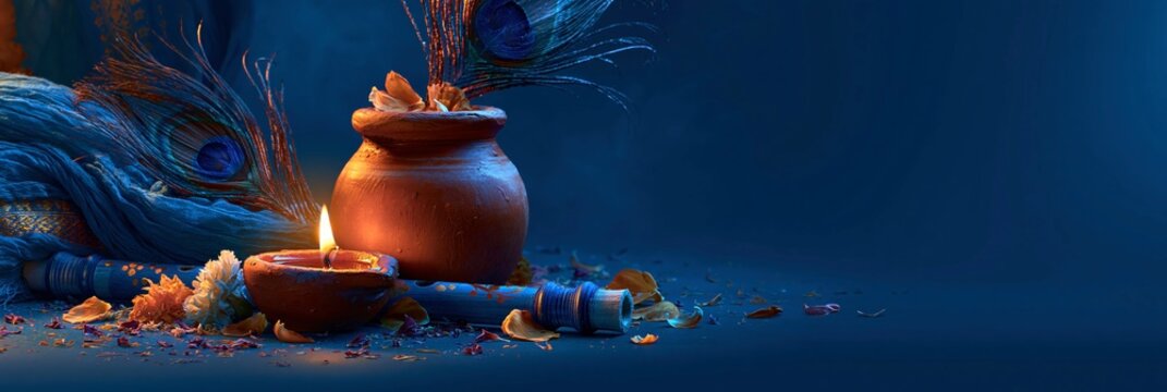 Krishna janmashtami celebration background with peacock feathers, flute, and earthen pot with diya, janmashthami festival banner realistic banner