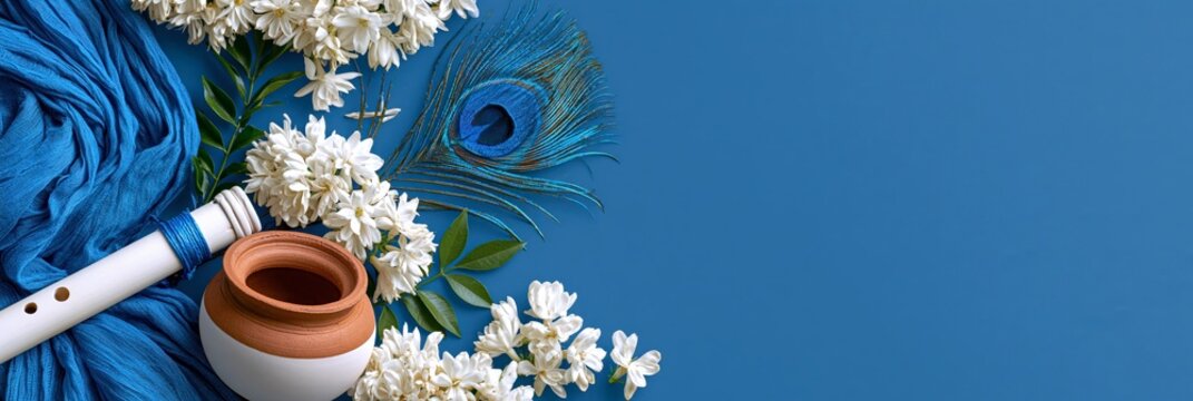 Krishna janmashtami celebration background with flute, peacock feather, and jasmine flowers, janmashthami festival banner realistic banner