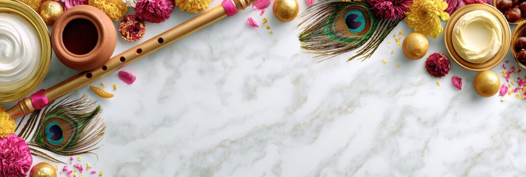 Janmashtami festival background with peacock feathers, flute, butter pot, and flowers on marble surface, janmashthami festival banner realistic banner