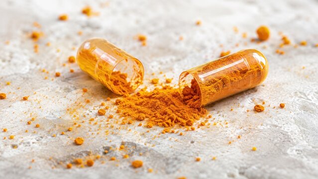 Open turmeric capsule spilling powder on white stone surface