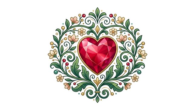 Brilliant red heart shaped gemstone centerpiece surrounded by intricate victorian style floral ornaments featuring lush green leaves and delicate soft pink blossoms with golden accents presented