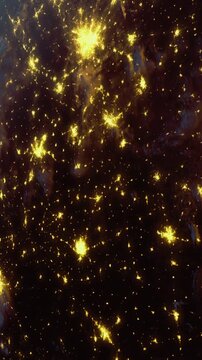 Stars twinkle alongside vibrant city lights as seen from space. The glowing patterns reveal urban areas bustling with life and energy during the dark night, illuminating the planet below.