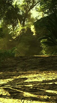 Sunlight filters through the tall trees, illuminating a winding path in the jungle. Lush plants surround the trail, creating a serene and vibrant atmosphere full of life.