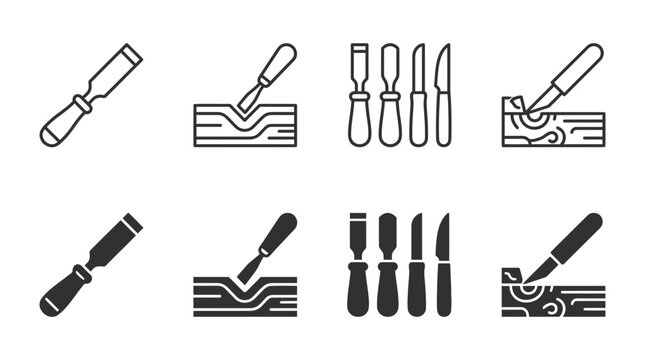 Wood carving and craft hand tool icon set including chisels and wood working equipment with woodworking, sculpting