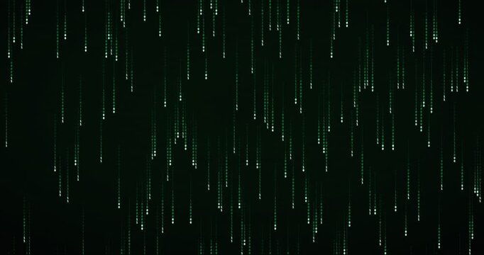 Binary digits cascade in a dense, phosphor green code storm animation, creating a deep mainframe atmosphere.