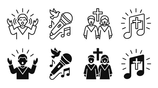 Religious worship and gospel music performance icon set with religious spirituality christian microphone religion