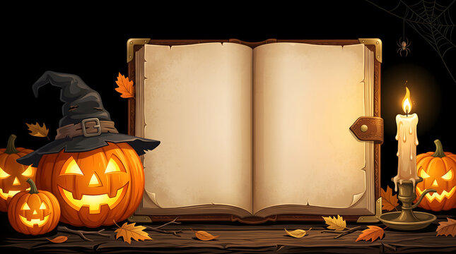 Open vintage book with halloween jack o lanterns and candle light art