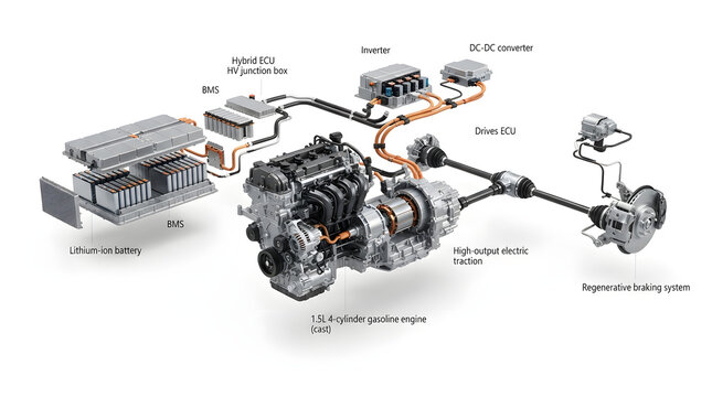 Hybrid Electric Vehicle System Diagram with Battery Pack Inverter Electric Motor Engine and Regenerative Braking Architecture Illustration