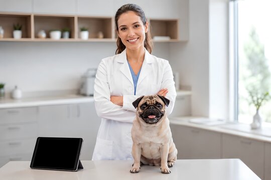 Cheerful female veterinarian standing with a cute pug dog in a modern veterinary clinic.