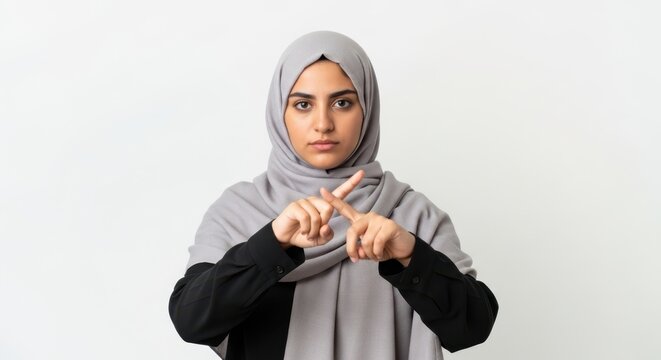 A confident young woman in a modern grey hijab and black top making a precise hand gesture against a clean white background