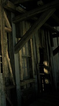 Sunlight streams through gaps in the weathered wooden structure, creating a dance of light and shadows in a serene and rustic atmosphere filled with charm.