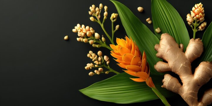 Fresh ginger root and vibrant flowers against a dark background top view