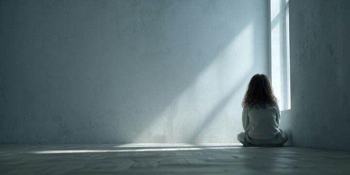 Child sitting alone by window with sunlight streaming in empty room