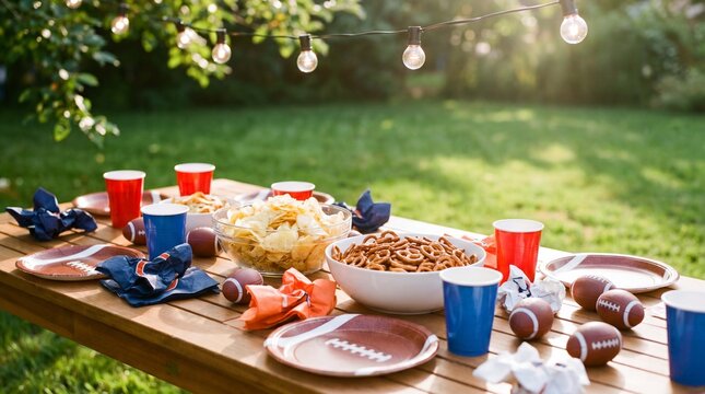 Football party snacks are arranged on a sunny backyard table for festive game day celebration