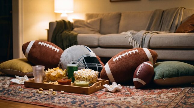 Football party floor cushions and snack tray are creating a cozy game day lounge