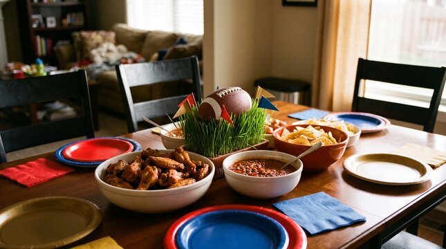Football party dining table is set with snacks team plates and centerpiece decor