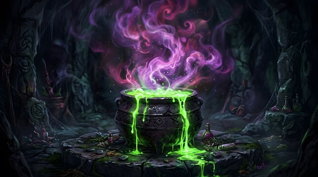 A magical bubbling witch cauldron with purple smoke and glowing green potion for a spooky happy halloween celebration