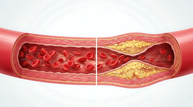 Medical illustration showing the comparison between a healthy artery and one with plaque buildup.