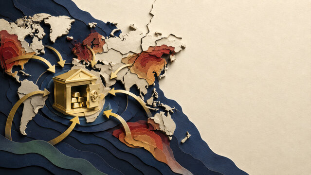 Gold vault and economy network over world map with trade route flow and financial security in paper cut style