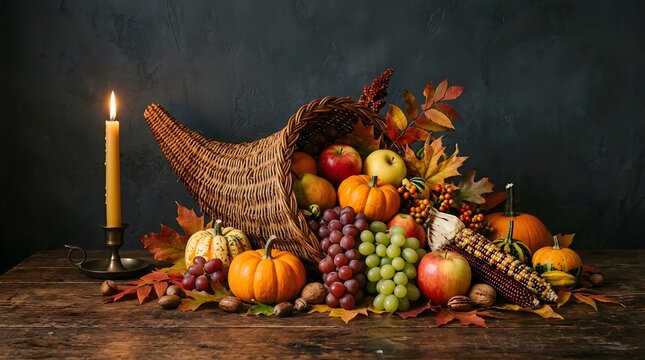 A festive cornucopia filled with autumn harvest fruits and vegetables for a happy halloween holiday celebration background