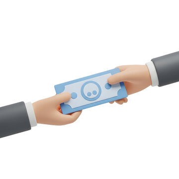 Business cartoon hands exchanging blue paper money representing a financial transaction or payment concept with smooth 3d rendering style on a clean solid white isolated background