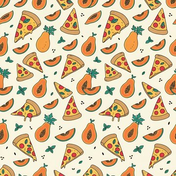 Seamless pattern of hand drawn pizza slices and papaya fruit doodles on light background
