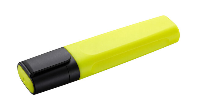 Neon yellow highlighter pen with black cap, close-up png isolated on transparent background